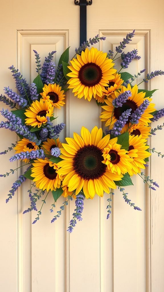 A vibrant sunflower and lavender wreath hanging on a front door.