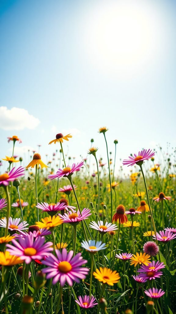 A vibrant meadow filled with colorful flowers under a bright sun in a clear blue sky.