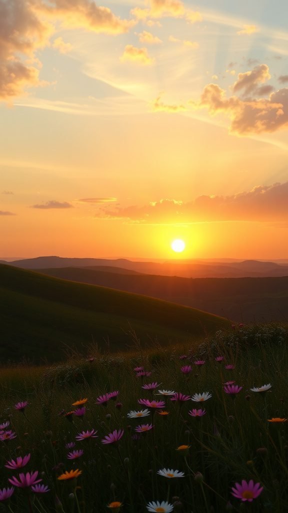 A beautiful sunset over rolling hills with colorful flowers in the foreground.