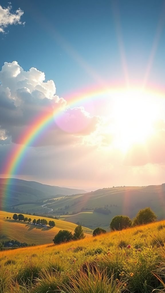 A scenic view of rolling hills under a bright blue sky with a rainbow and sunlight illuminating the landscape.