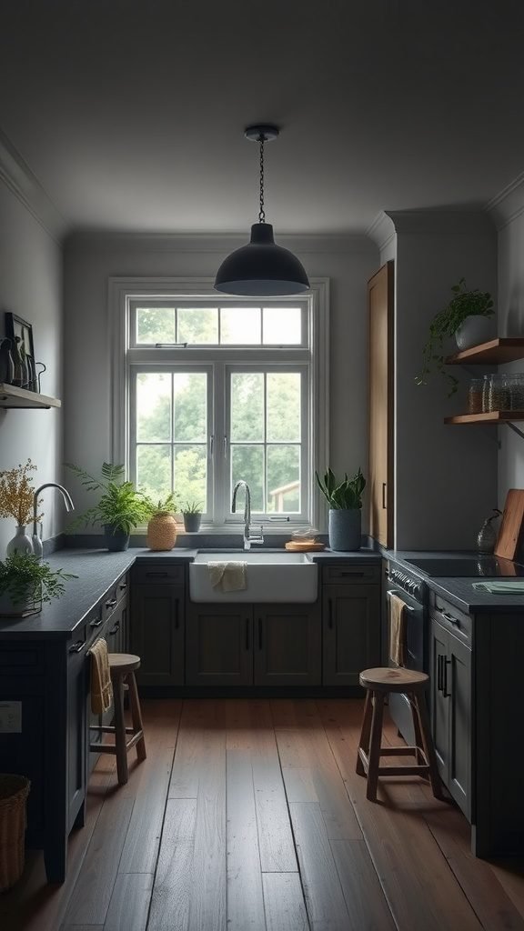 A moody farmhouse kitchen with dark cabinetry, reclaimed wooden floors, and plants on display.
