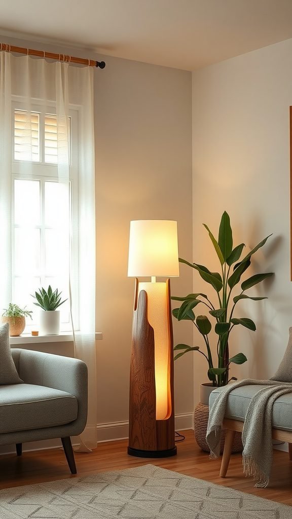 A stylish floor lamp made from recycled materials, featuring natural wood and soft glowing light, placed next to a plant in a cozy living room.