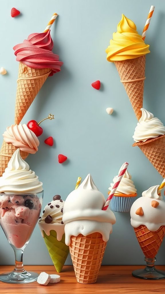 An artistic display of colorful ice cream cones and bowls, featuring various flavors and toppings.