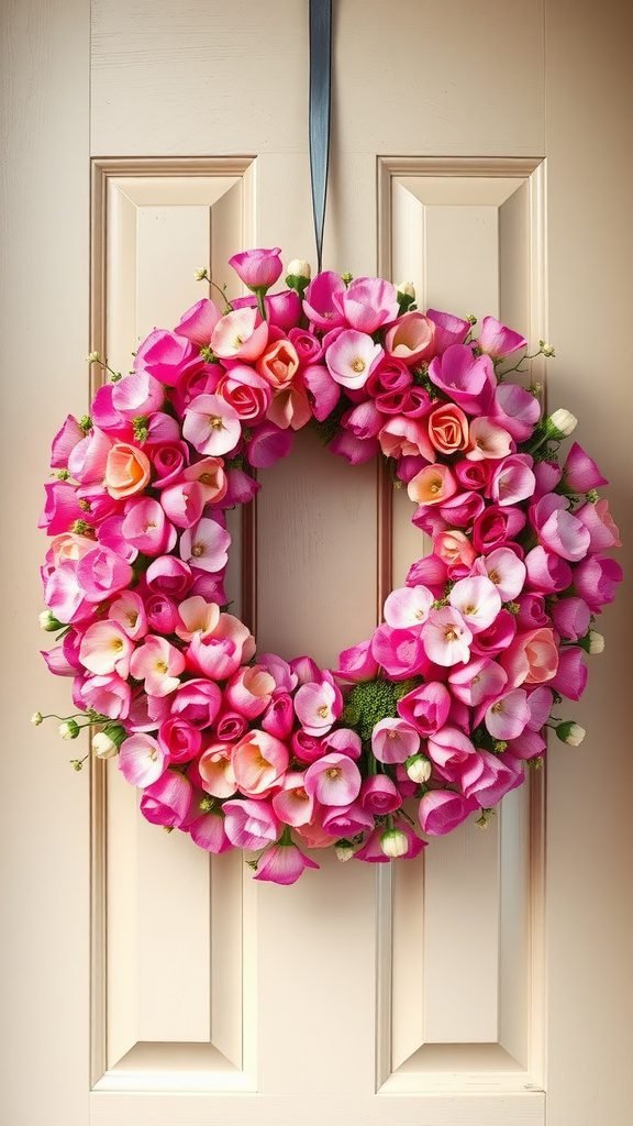 Vibrant pink and peach floral wreath with sweet pea flowers hanging on a door