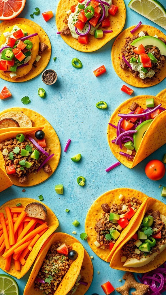 An assortment of colorful tacos with various toppings on a blue background.