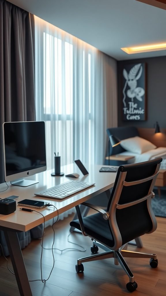 A modern desk setup in a bedroom with a computer, keyboard, and comfortable chair