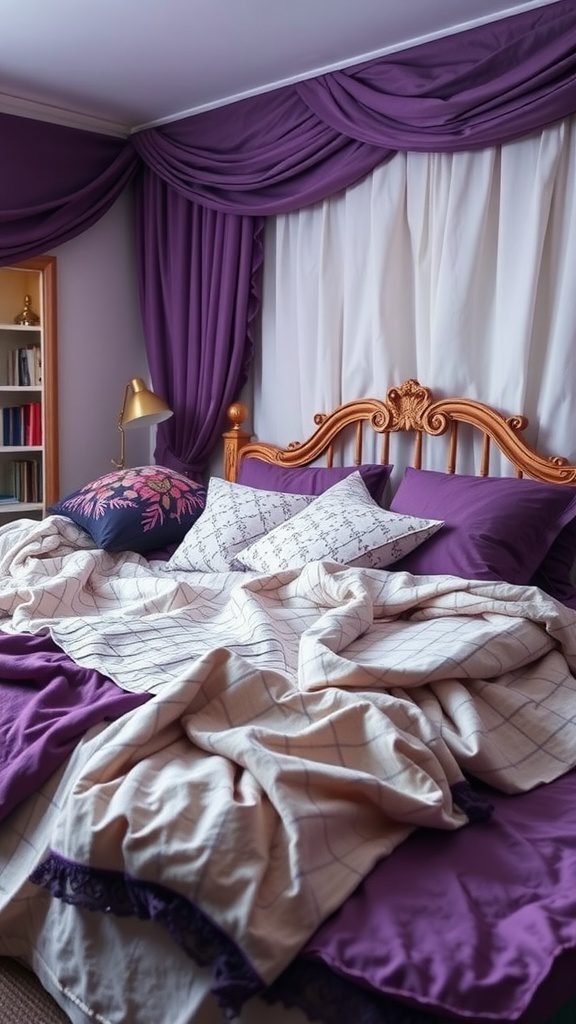 A cozy bedroom featuring rich purple textiles, layered bedding, and elegant golden accents.