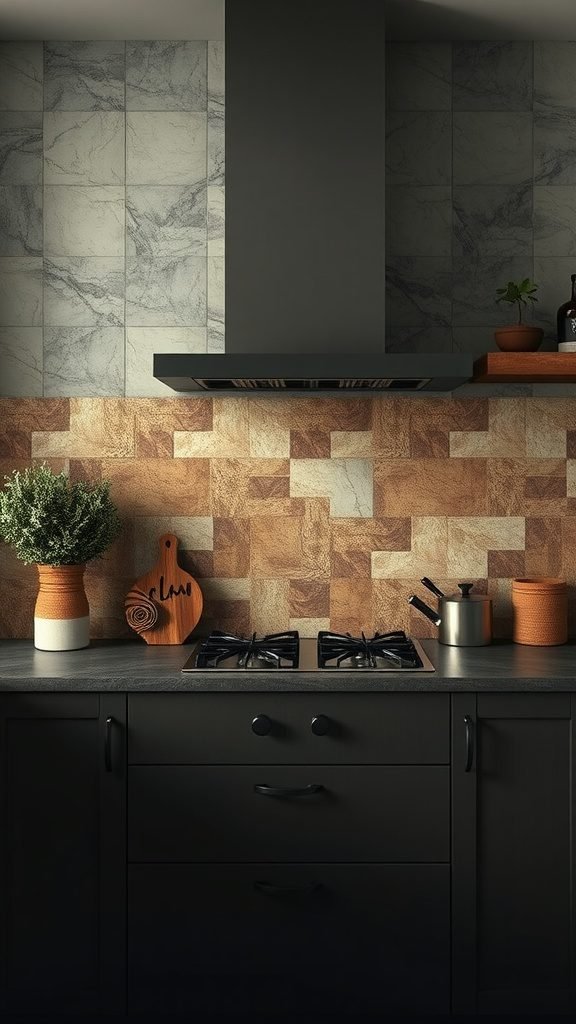 A farmhouse kitchen with textured backsplash featuring warm colors and dark cabinetry.