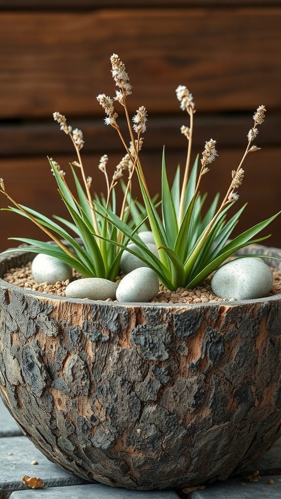 A winter planter featuring textured bark, smooth stones, and green plants.