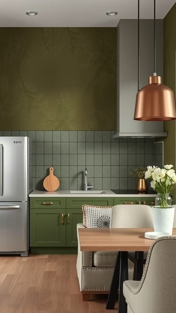 A modern olive green kitchen featuring textured elements with green cabinets, copper pendant lights, and wooden furnishings.