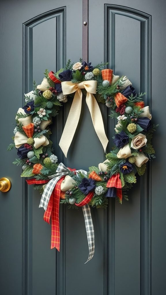 A colorful textured fabric and ribbon wreath hanging on a front door, featuring various patterns and materials