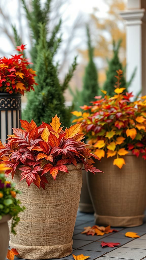 Colorful foliage in textured fabric planters for fall and winter