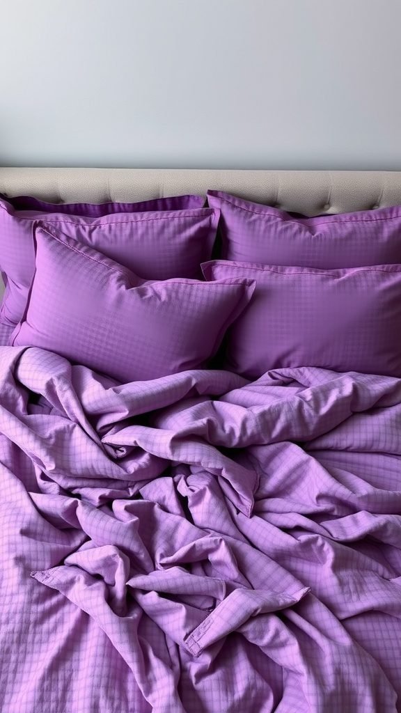 A bed with various textured purple pillows arranged on it, creating a cozy atmosphere.