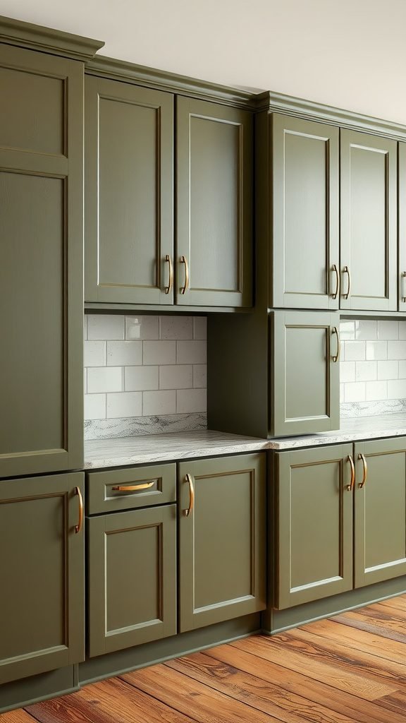 Olive green kitchen cabinets with gold hardware and wooden flooring.
