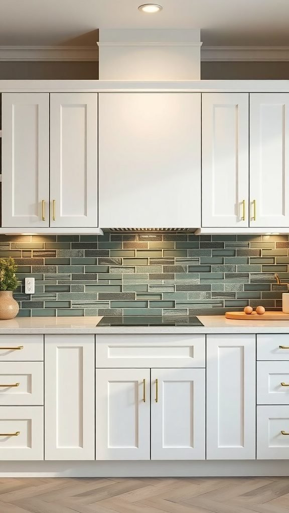 A modern kitchen featuring an olive green backsplash and white cabinets