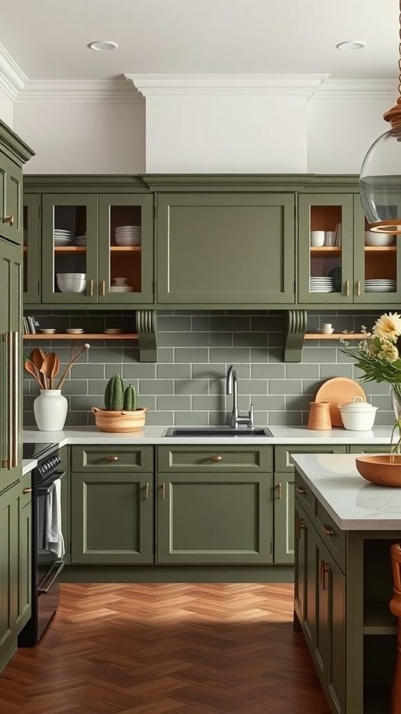 A stylish kitchen featuring olive green cabinets, white countertops, and wooden flooring.