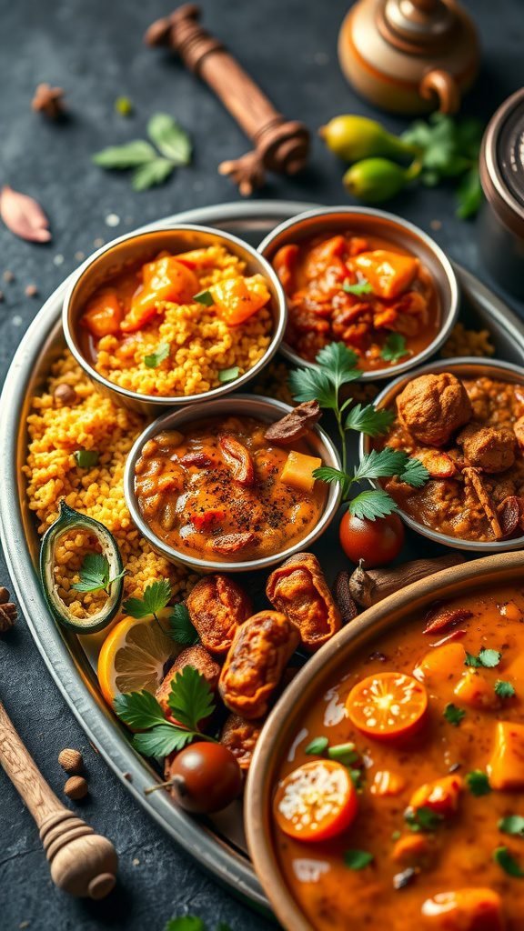 A vibrant display of traditional Indian cuisine featuring colorful curries, couscous, and garnishes.