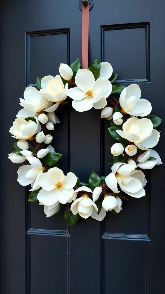 A traditional magnolia wreath with white flowers and green leaves hanging on a dark front door.