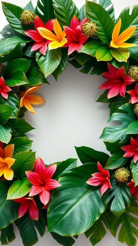 A vibrant tropical leaf spring wreath featuring large green leaves and colorful flowers in red and yellow hues.