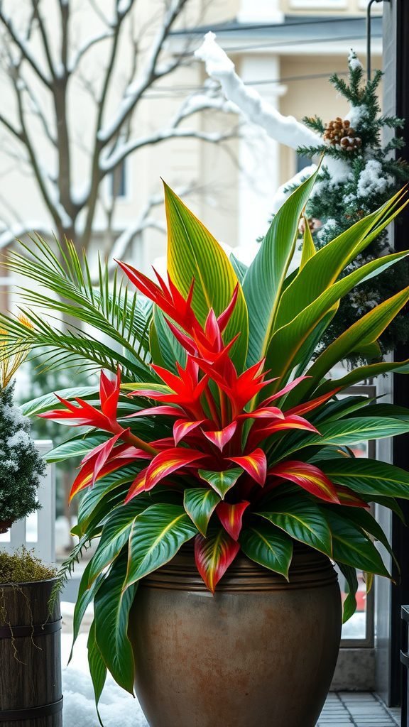 Vibrant tropical plants in a large pot, surrounded by snow on a winter day.