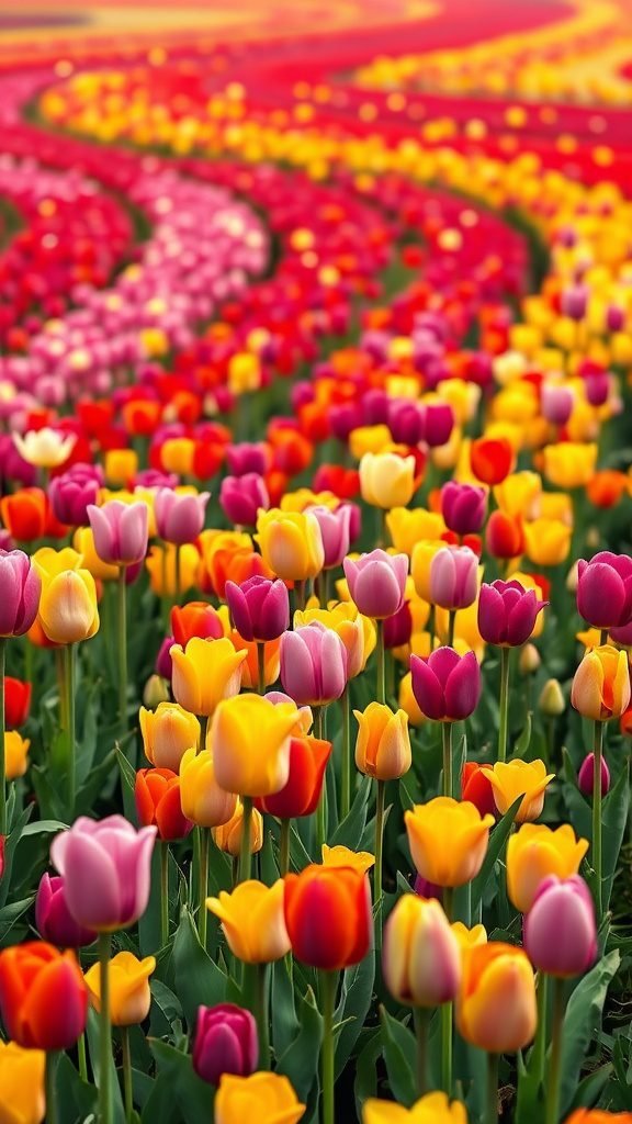 A vibrant field of blooming tulips in various colors, showcasing the beauty of spring.