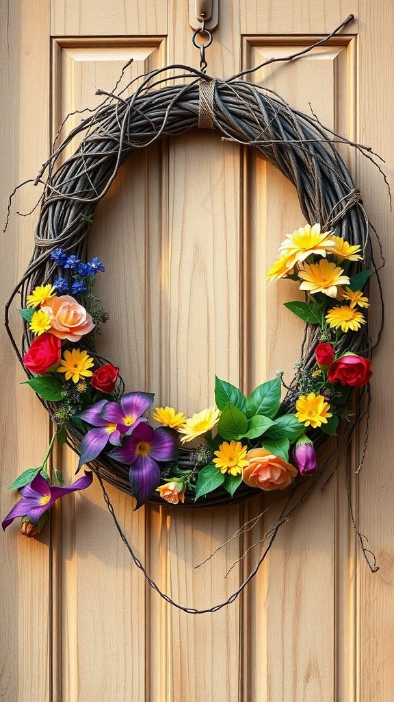 A twisted vine wreath adorned with colorful flowers, hanging on a wooden door.