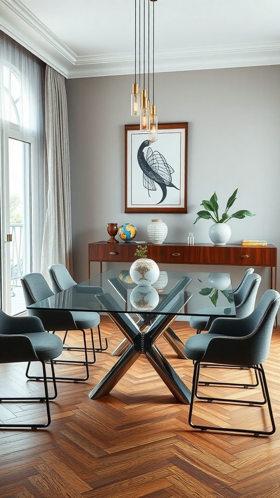 Unique glass table with asymmetrical design, surrounded by chairs and a stylish decor