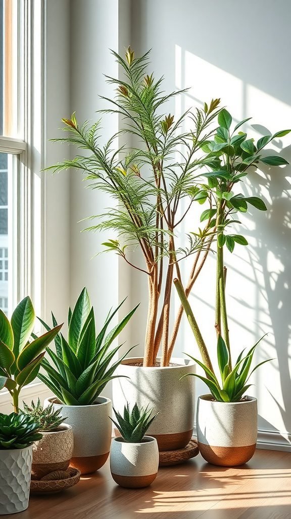 A collection of indoor plants in stylish planters by a window