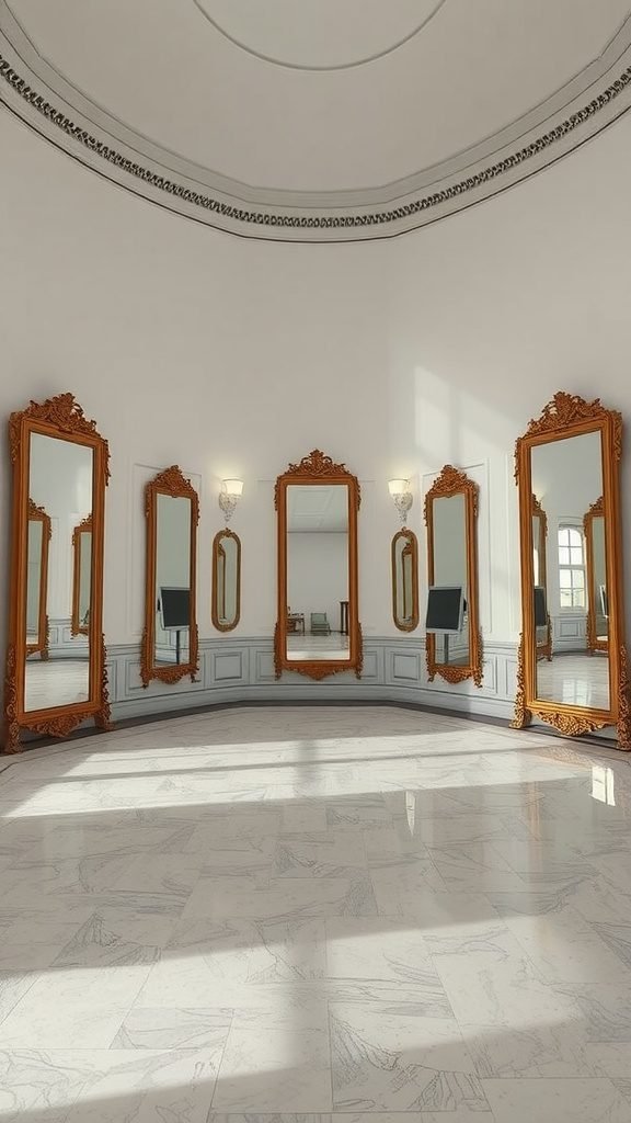 A bright room featuring ornate gold-framed mirrors arranged elegantly, reflecting natural light.
