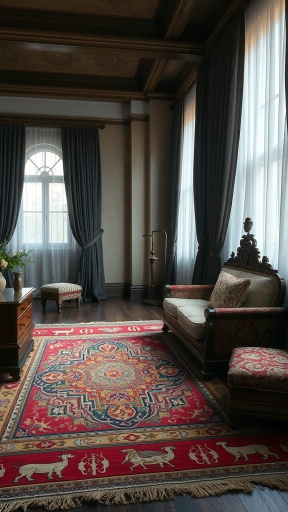 A cozy room with rich textiles, featuring a vibrant red rug and dark drapes, creating an inviting atmosphere.