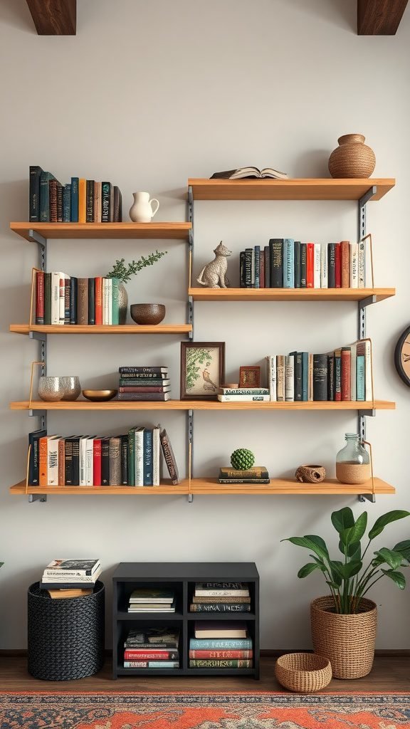 Functional wall shelves displaying books and decorative items.