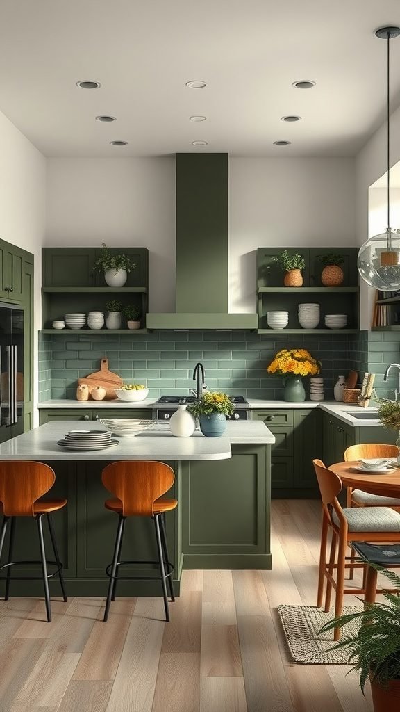 A stylish olive green kitchen with wooden chairs, bright decor, and an open layout.