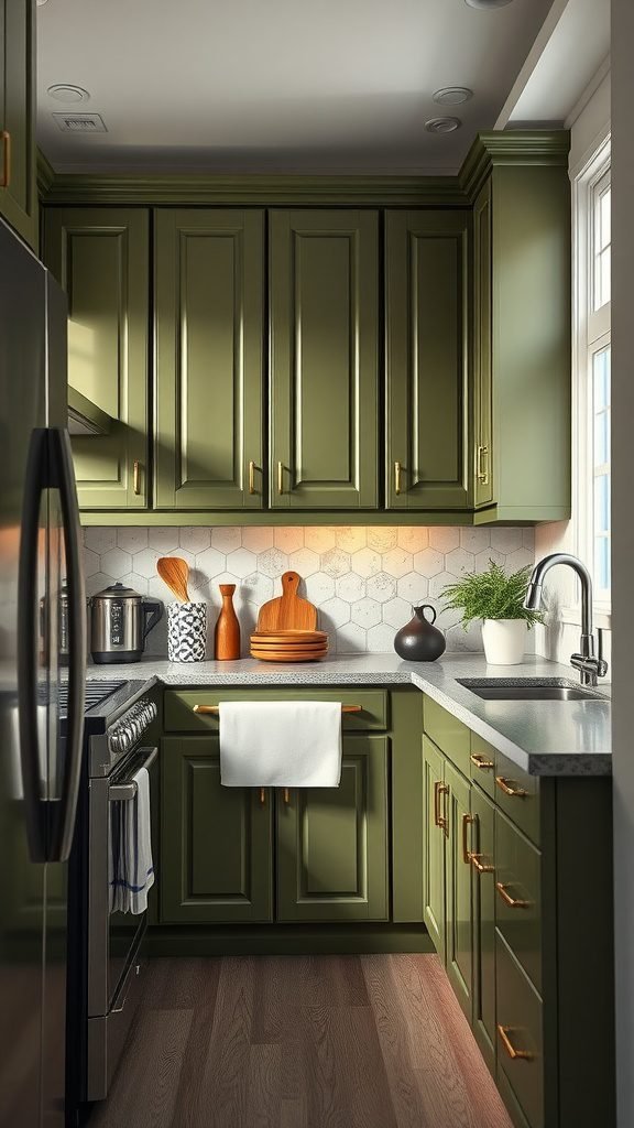 A cozy kitchen featuring olive green cabinets, light countertops, and gold hardware.