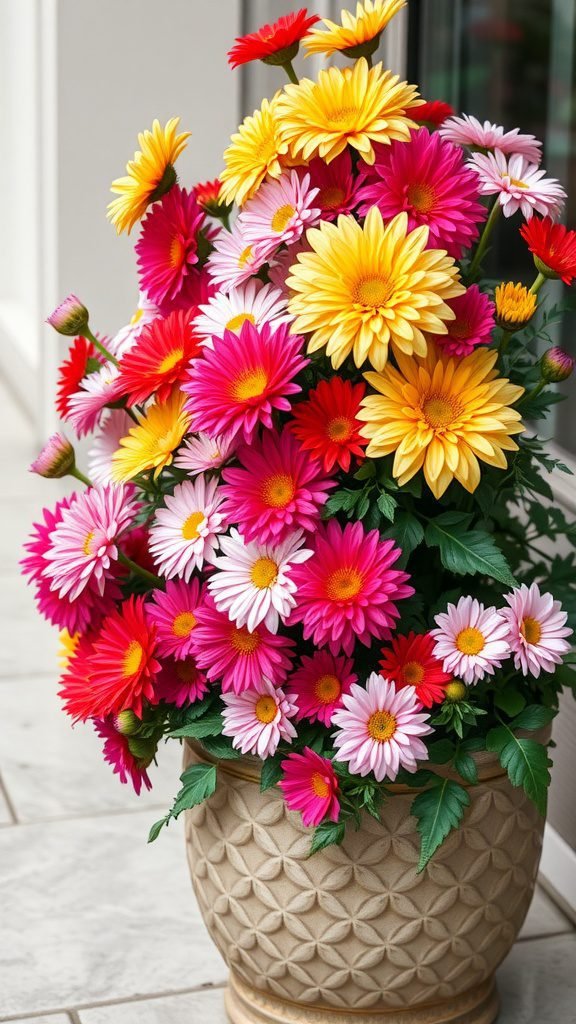 A vibrant display of colorful chrysanthemums in a decorative pot