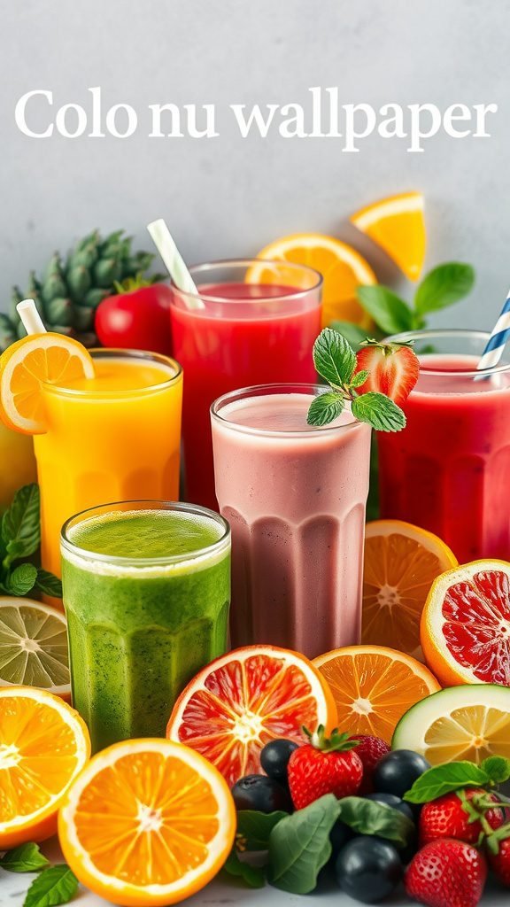 Colorful juice bar setup with various fruit juices and fresh fruits