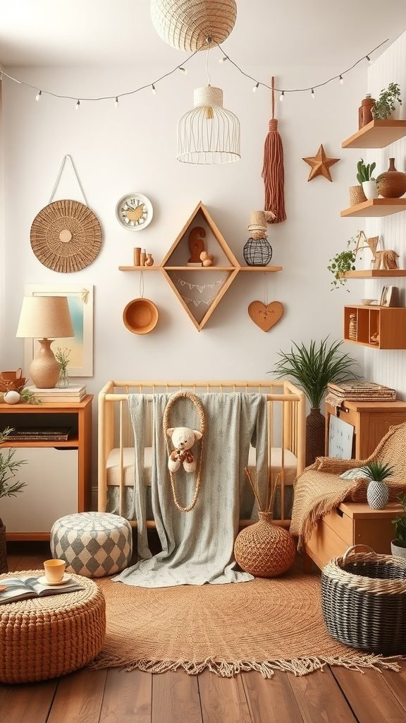 A cozy boho baby room featuring vintage-inspired accessories, soft textiles, and natural elements.