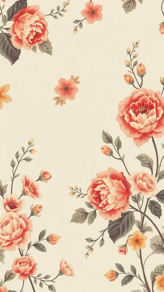 Vintage floral wallpaper featuring roses and delicate blossoms on a cream background.