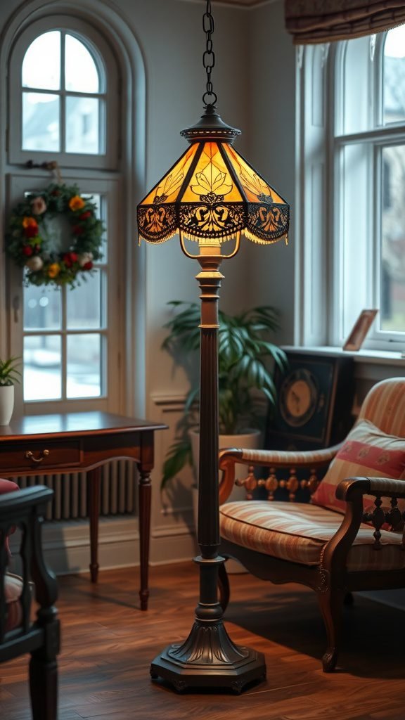 A vintage-inspired standing lamp with a decorative lampshade in a cozy living room setting.