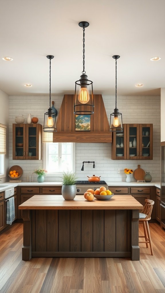 A cozy farmhouse kitchen featuring vintage-style pendant lights above a wooden island, creating a warm and inviting atmosphere.