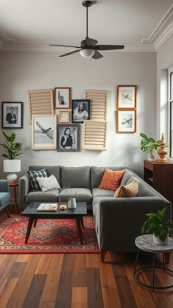 A cozy living room featuring a grey couch, vintage wall art, and plants, with a warm atmosphere.