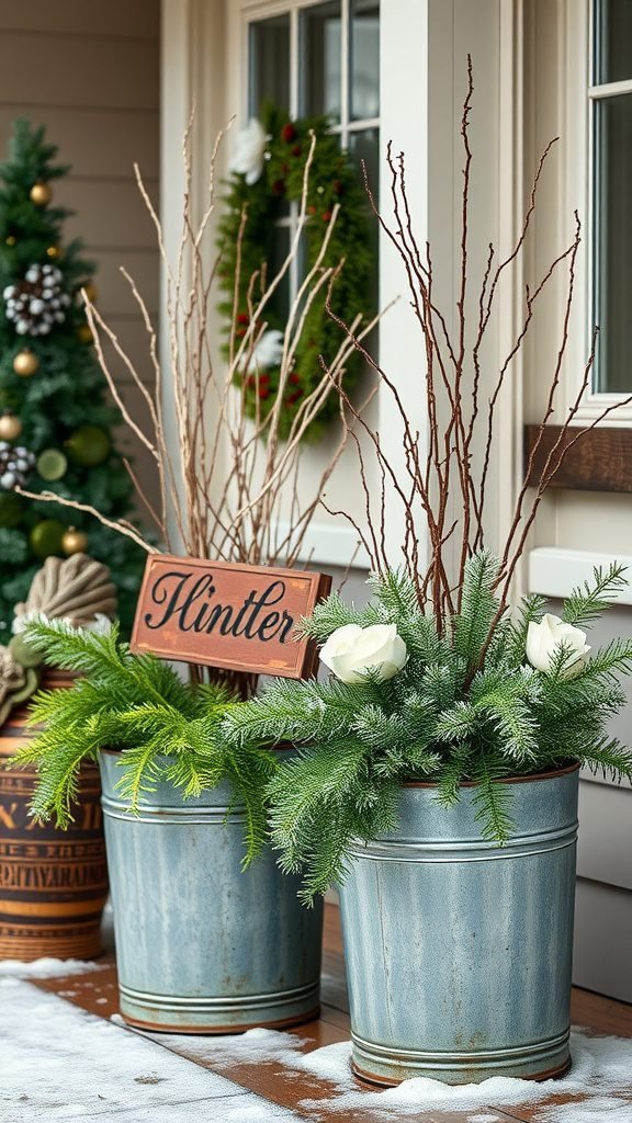 Two vintage metal planters filled with greenery and white roses, with twigs and a wooden sign.