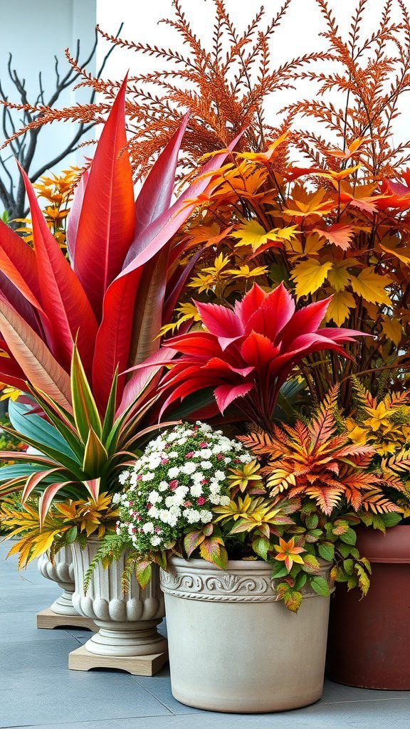 Colorful fall planter display with vibrant red, orange, and yellow foliage alongside white flowers.
