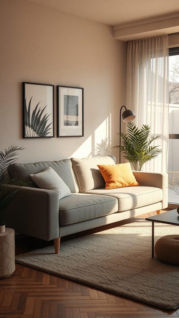 A cozy living room featuring a grey couch, decorated with soft pillows, a coffee table, plants, and natural light.
