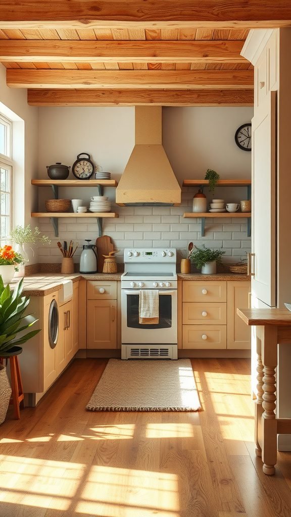 A cozy farmhouse kitchen with warm wood flooring, light cabinetry, and open shelves filled with kitchen items.