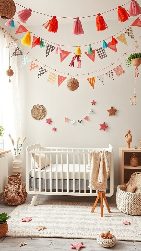 A boho baby room featuring colorful bunting and garlands above a crib.