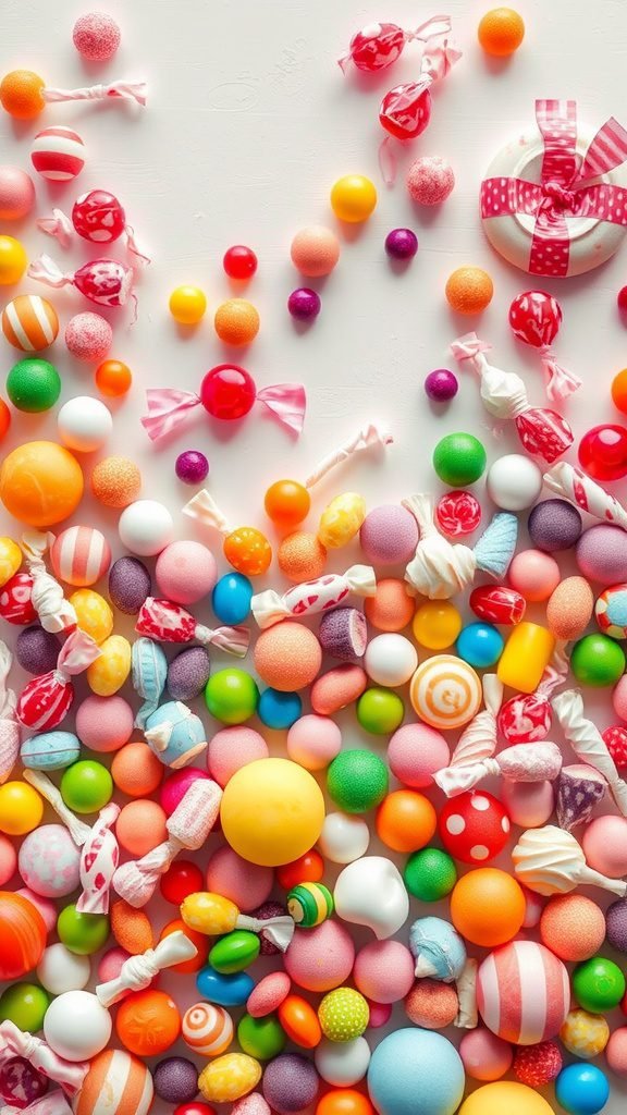 A vibrant assortment of colorful candies and sweets, creating a whimsical candy land.