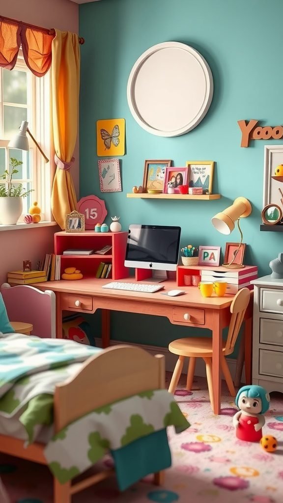 A colorful bedroom featuring a playful desk, bright decor, and cozy aesthetic.