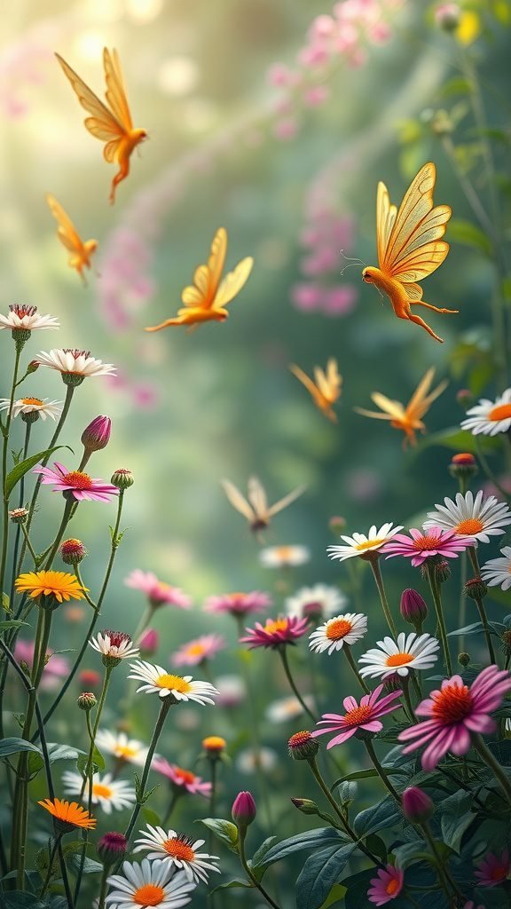 A vibrant April wallpaper featuring whimsical butterflies over colorful flowers in a lush garden.