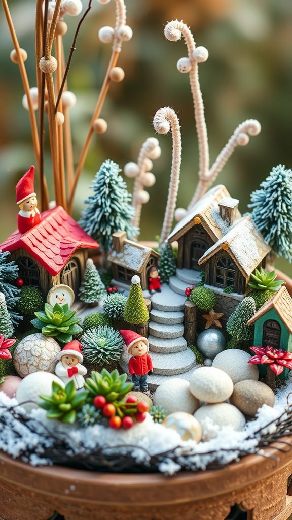 A whimsical fairy garden planter featuring tiny houses, colorful figurines, and greenery, creating a magical winter scene.