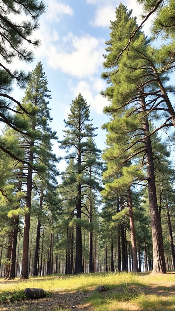 Tall pines in a serene forest setting under a clear blue sky